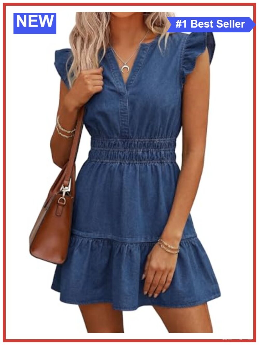 Denim Dress Women Ruffle Sleeve A-Line Mini Dress with Pockets
